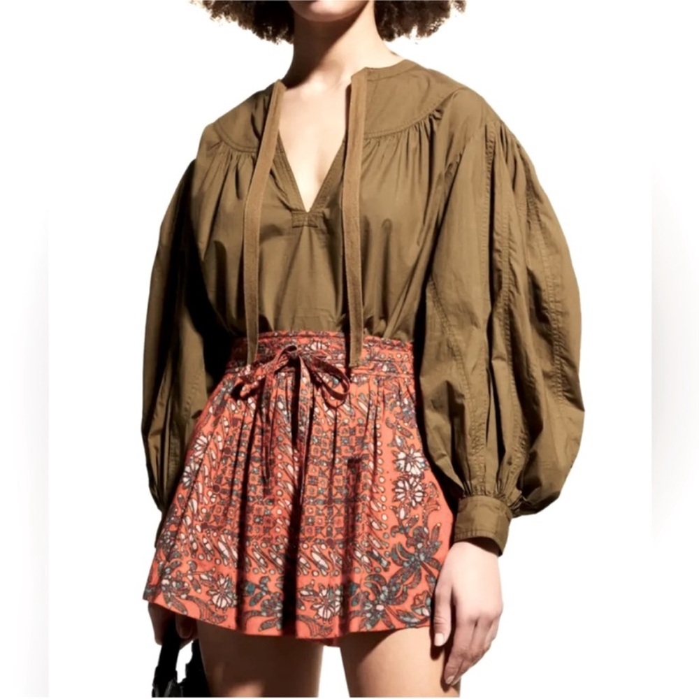 ULLA JOHNSON Delaney Balloon Sleeve Poplin Cotton Blouse in Olive Green Size 0 - Picture 13 of 14